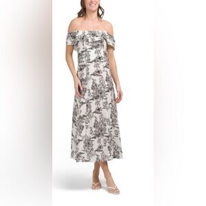 Linen Off The Shoulder Ruffle Toile Print Dress - Made in Italy